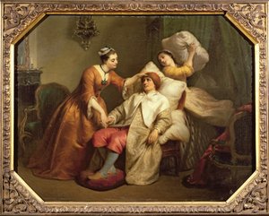 De acteur Bonneval in de rol van Argan in Molières stuk Le Malade Imaginaire door French School