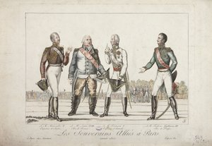 De Geallieerde Vorsten in Parijs, Alexander I, Keizer van Rusland, Lodewijk XVIII, Koning van Frankrijk, Frans I, Keizer van Oostenrijk en Frederik Willem III, Koning van Pruisen, uitgegeven door Martinet door French School