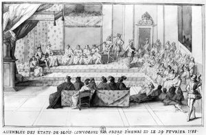 De Vergadering van de Staten van Blois bijeengeroepen op 29 februari 1588 door Hendrik III, Koning van Frankrijk, na 1588 door French School