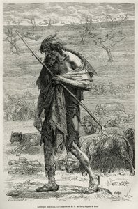De Australische herder, gegraveerd naar een tekening van D.Maillart, ter illustratie van het verhaal zes maanden in Australië, door Desire Charnay, een missieopdracht door het Ministerie van Openbaar Onderwijs, in 1878, gepubliceerd in le tour du monde, on door French School