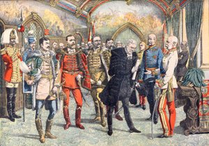 De Oostenrijks-Hongaarse crisis. Keizer Franz Joseph I ontvangt de Hongaarse baronnen die vragen om algemeen kiesrecht in Hongarije. Illustratie voor Le Petit Journal door French School