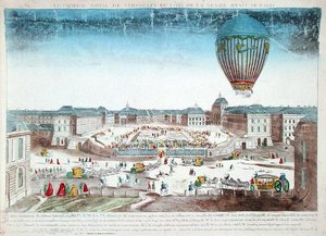 De ballonvaart van Francois Pilatre de Rozier (1754-96) over het Chateau de Versailles, 23 juni door French School