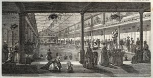 De baden in Hotel Lambert, Ile Saint-Louis, Parijs, midden 19e eeuw - Hotel Lambert, Ile Saint-Louis, zwemschool voor dames - Bain Lambert - Gravure in 