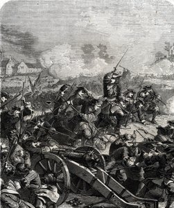 De Slag bij Landen of Neerwinden werd uitgevochten in het huidige België op 29 juli 1693 tijdens de Negenjarige Oorlog (gravure)