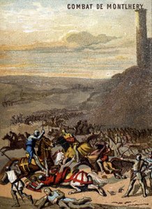 De Slag bij Montlhery (1227): De koninkrijken en de feodaliteit - Blanche de Castille, regentes van haar zoon Lodewijk IX, onderdrukt de opstand van de grote feodalen. Chromolithografie van de serie 