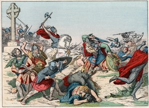 De Slag bij Poitiers op 25 oktober 732 gewonnen door Karel Martel - Gravure uit het einde van de 19e eeuw in 