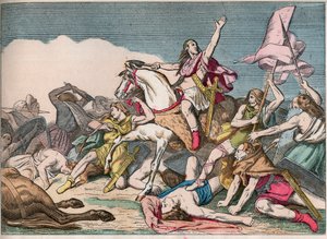 De Slag bij Tolbiac, overwinning van Clovis (466-511) op de Alemannen (496) - Clovis I (466-511) bij de Slag bij Tolbiac, 496 AD - Gravure eind 19e eeuw in 