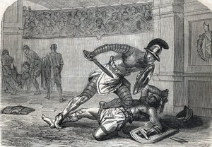 De strijd van de gladiatoren in de arena (gravure) 1864