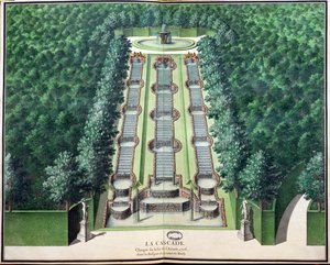 De waterval, aangepast eind 1706, in het bos op de heuvel, uit Tuinen van Marly, begin 18e eeuw door French School