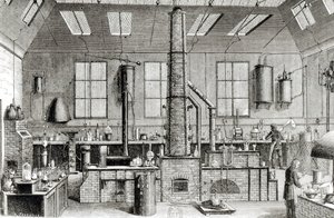 Het scheikundelaboratorium van een school in Parijs, uit Almanach du Magasin Pittoresque, 1870