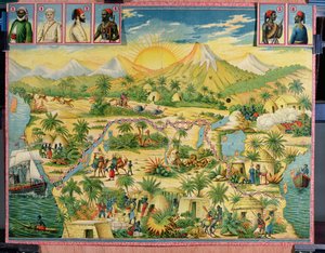 De verovering van Afrika, bordspel gebaseerd op de reizen van Sir Henry Morton Stanley (1841-1904) en David Livingstone (1813-73) (kleurgravure)