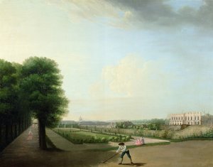 De bouw van Place Louis XV vanuit de tuin van het Hotel de Resnel door French School