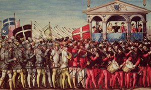 De stoet van trommelaars en soldaten bij het Koninklijk Intochtfeest van Hendrik II (1519-59) in Rouen, 1 oktober 1550