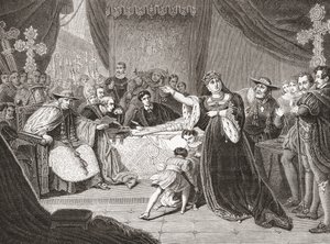 Het Hof voor de Rechtspraak van Koningin Katharina door George Henry Harlow, met Mrs. Siddons als Koningin Katharina in Shakespeare