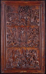 Het Credo, Paneel I: De Schepping van de Wereld, Transfiguratie, Annunciatie en Geboorte, 1587 (hout)