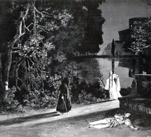 De dood van Pelleas, Acte IV, Scene 4 van Pelleas et Melisande door Debussy, van een foto van de eerste productie in april 1902 van de opera in de Opera-Comique in Parijs, illustratie in Theatre magazine door French School