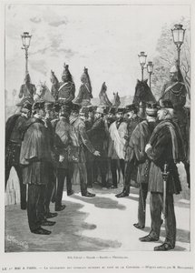 De delegatie van de vakbonden bij Pont de la Concorde tijdens de demonstratie voor 1 mei in Parijs, 1 mei 1890, gegraveerd door L. Moulignie