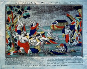 De Zondvloed, de Ark van Noach rechts. Gravure uit de 19e eeuw. Parijs, Museum voor Volkskunst en Tradities door French School