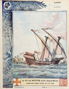 Het vertrek van Sint Lodewijk op zijn schip de Montjoie vanuit Aigues-Mortes op 25 augustus 1248, omslagillustratie van een schoolschrift, c.1900 door French School