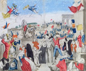 De wanhopige aristocraten kijken naar de Fete de la Federation op de Champs de Mars, 14 juli 1790, c.1790 door French School