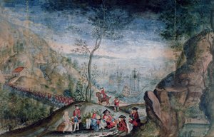 De ontscheping van 50 soldaten van het Karrer Zwitserse regiment in Louisbourg op het eiland Cap-Breton tussen 1722-33 door French School
