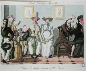 De Wachtkamer van de Dokter (gekleurde gravure) door French School