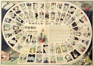 Het Dreyfus Affaire Spel, met portretten van de verschillende betrokkenen, eind 19e eeuw