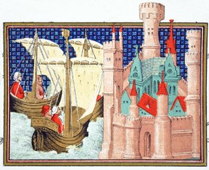 De hertog van Salisbury arriveert bij Conway Castle vanuit Ierland, facsimile kopie uit Le Prinse et Mort du Roy Richart door Jean Creton, herdrukt 19e eeuw door French School