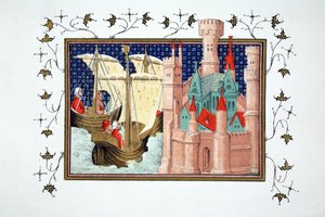 De hertog van Salisbury arriveert bij Conway Castle vanuit Ierland, facsimile kopie uit Le Prinse et Mort du Roy Richart door Jean Creton, herdrukt 19e eeuw door French School
