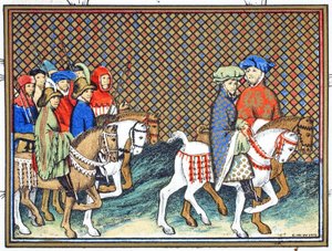 De hertogen van Exeter en Surrey gestuurd door Richard II van Conway Castle naar Chester om te onderhandelen met de hertog van Lancaster, facsimile kopie uit Le Prinse et Mort du Roy Richart door Jean Creton, herdrukt 19e eeuw door French School