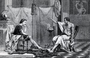 De opvoeding van Alexander de Grote (356-323 v.Chr.) door Aristoteles (384-322 v.Chr.) uit een boek van L. Figuier door French School