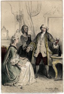 De Engelse komiek David Garrick (1717-1779), verkleed als koetsier, stormt een hertogin binnen die verlangend naar hem is om haar te proberen te overtuigen van de absurditeit van haar liefde voor hem. Plaat uit "Scenes de la vie des hommes célèbres" gravur