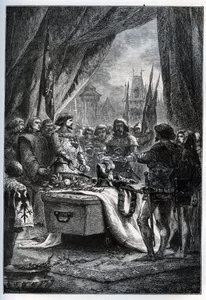 De Engelse gouverneur van Chateauneuf de Randon gaf zich over en legde de sleutels van het plein op de kist van Bertrand du Guesclin (1320-1380), op 13 juli 1380 voor wie de stad werd belegerd.