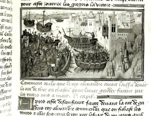 De eerste aanval op Tyrus, uit de Histoire du Grand Alexandre 1460 door French School