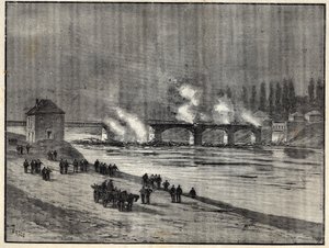 De Frans-Pruisische Oorlog - De verdediging van Parijs - het verbranden van de brug van Asnières - Brand van de brug van Asnières tijdens het beleg (verdediging) van Parijs - Gravure in 
