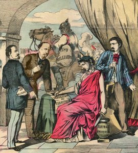 Het Verdrag van Frankfurt ondertekend op 10 mei 1871 beëindigde de Frans-Duitse oorlog, na onderhandelingen tussen Adolphe Thiers en Otto von Bismarck: Frankrijk moest Elzas en een deel van Lotharingen afstaan en 5 miljard frank betalen. Gravure, in 