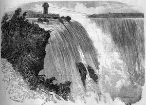 De Franse acrobaat Blondin (Jean François Gravelet, genaamd) (1824-1897) steekt de Niagara Falls over. Naar een schets van Mr. Philibert. Gravure in “Le Monde Illustré” nr. 127 van 17 september 1859 door French School