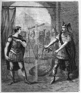 De Gallische legerleider Brennos (Brennus) verslaat de Romeinen en roept de 