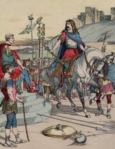 De Gallische leider Vercingetorix (72-46 v.Chr.) geeft zich over aan de Romeinse leider Julius Caesar (100-44 v.Chr.) na de slag bij Alesia in 52 v.Chr. door French School