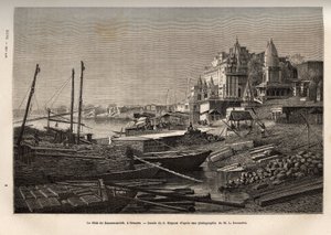De Ghat de Benares (het huidige Vanarasi) (ghat duidt op de trappen die de oevers van de rivieren en de oevers van de bassins en reservoirs bedekken die het mogelijk maken om in contact te komen met water), gegraveerd naar de tekening van G. Moynet, illust door French School