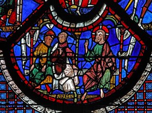 Het raam van de barmhartige Samaritaan: Christus vertelt de gelijkenis van de barmhartige Samaritaan door French School