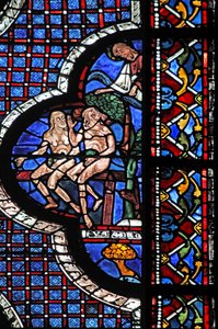 Het raam van de barmhartige Samaritaan: God roept Adam en Eva (met vijgenbladeren) door French School
