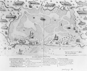 De haven van Cape Cod, uit Voyages de sieur Champlain door Samuel de Champlain (1567-1635) gepubliceerd in Parijs, 1613 door French School
