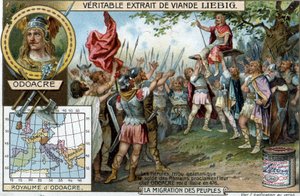 De Herulen, een Germaanse stam in dienst van de Romeinse soldaten, riepen hun leider Odoaker uit tot koning van Italië in 476 (einde van het Romeinse Rijk) - Liebig reclame sticker door French School