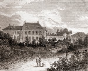 Het huis in Gras, nabij Chalon-sur-Saône, Frankrijk waar de Franse uitvinder Nicéphore Niépce heliografie ontwikkelde, uit Les Merveilles de la Science, gepubliceerd ca. 1870 (gravure) door French School