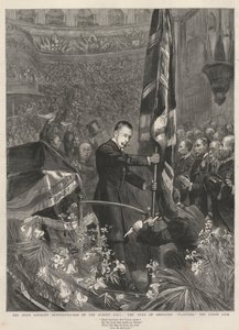 De Ierse loyalistische demonstratie in de Albert Hall, Londen, 1893: de hertog van Abercorn (James Hamilton) plant de Union Jack.