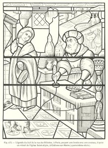 De Jood van de Rue des Billettes, Parijs, ontwijdt de hostie door deze met zijn mes te doorboren, naar een 14e-eeuws glas-in-loodraam in de kerk van Saint-Alpin, Chalons-sur-Marne, Frankrijk door French School
