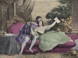 De koning van Frankrijk Francois I (1494-1547) met Diane de Poitiers (1499-1566) Dame van Breze, Hertogin van Valentinois. Lithografie van Daveria uit 1832 in Laughs Et Galanterie. Wekelijkse collectie van Galante afbeeldingen onder leiding van John Grand-