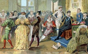 De koning van Frankrijk Hendrik III (1551-1589) omringd door zijn favorieten. Chromolithografie uit de late 19e eeuw door French School