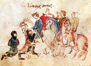 De ridders Esclabor en Arphasar bieden hun diensten aan koning Arthur aan, uit de Roman de Meliadus
